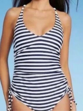 Navy and White Striped V-Neck One-Piece Swimsuit